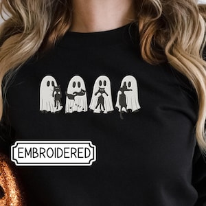 Embroidered Ghost and Black Cat Sweatshirt Halloween Embroidered Crewneck Cozy Spooky Cute Fall Sweatshirt Ghost Pet Costume Embroidery