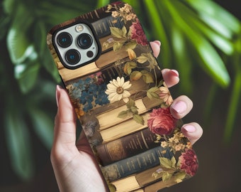 Vintage Books with Flowers Cell Phone Case, Bookshelf Floral  Bookworm Phone Case, Gift for Reader, Book Lover, iPhone MagSafe Tough Cases