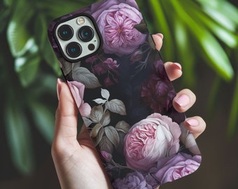 Dark Floral Academia, Dark Cottagecore, Gothic, Victorian Roses, Dark Floral, Deep Purple, Dark Aesthetic, iPhone MagSafe Tough Case