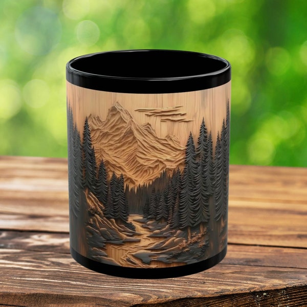 Mug 3D, montagnes et arbres, effet bois sculpté, tasse à café nature, pins, ruisseau pour les amoureux de la nature, les randonneurs, les meilleurs cadeaux de vacances, imitation bois