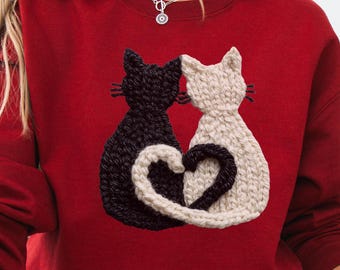 Cat Lover Sweatshirt, Two Cats Heart Design, Cozy Gift for Cat Moms, Sizes S to 5XL