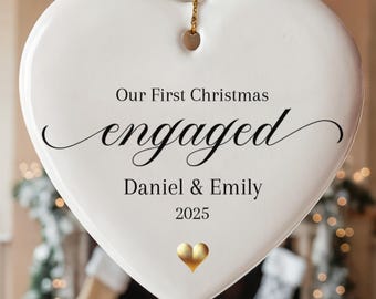 First Christmas Engaged Ornament Personalized Gift for Couples Engagement 2025 Custom Ceramic Heart Holiday Keepsake Minimalist Design