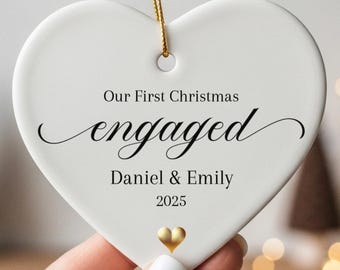 Personalized First Christmas Engaged Ornament Heart Keepsake 2025 Custom Ceramic Heart Holiday Keepsake Gift Elegant Engagement Ornament