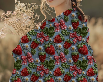  ストロベリーデザイン ブランケット Strawberry Blanket, Faux Embroidered Denim 3D Blanket, Strawberry