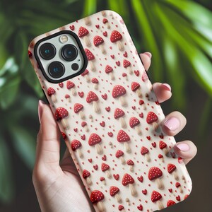 Cottage Core Mushroom Phone Case, Faux Embroidery Hearts and Mushrooms Cell Phone Case, iPhone Case, Samsung Case, Pixel Case,