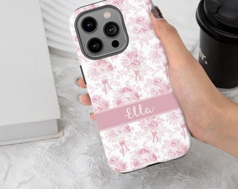 Personalized Coquette Phone Case, Pink Damask Roses Bows Cell Phone Case, Gift for Girls Preppy Phone Cover iPhone 17, Samsung 25