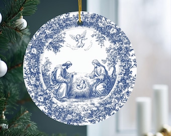 Christian Ornament, Nativity Blue Toile de Jouy Christmas Ornament, Catholic Ornament, Nativity of Jesus Ornament Ceramic Christmas Keepsake