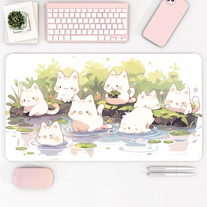 Alfombrilla de escritorio azul kawaii, bonitos gatos jugando en un estanque, alfombrilla de ratón para juegos con animales de dibujos animados, alfombrilla de escritorio grande con plantas y flores, alfombrilla para teclado de ordenador