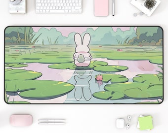 May include: A pink bunny rabbit with a green frog on its back sits on a lily pad in a pond. The bunny is looking away from the viewer. The pond is surrounded by green lily pads and there are pink flowers in the water.