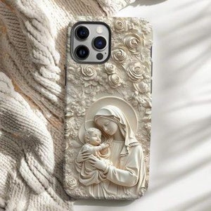 May include: White iPhone case with a 3D sculpted design of a mother and child. The design is in a white, cream, and beige color palette. The case has a camera cutout and a floral design around the edges.