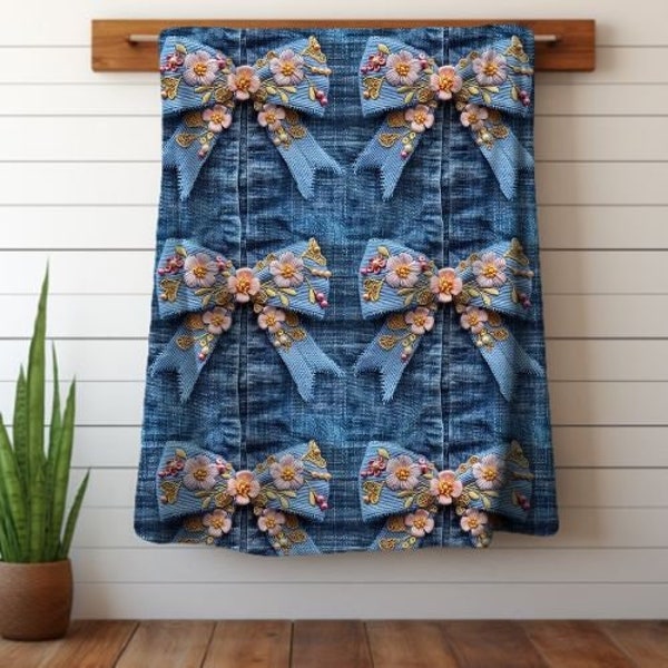 Coquette Faux Denim 3D Design Blanket, Couette Throw Blanket, Flowers, Floral Cottagecore Decor, Denim Aesthetic Throw, Coquette Aesthetic