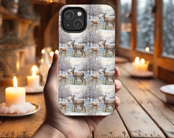 3D Faux Embroidery, Deer and Baby in Snowy Forest, Winter Phone Case for iPhone, Samsung, and Google Pixel, Impact-Resistant, Tough Case