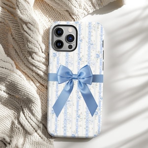 Coquette Phone Case Blue Bow Floral Coquette Bow Cell Phone Case Blue Ribbon Gift for Girls Preppy Phone Cover iPhone, Samsung, Pixel