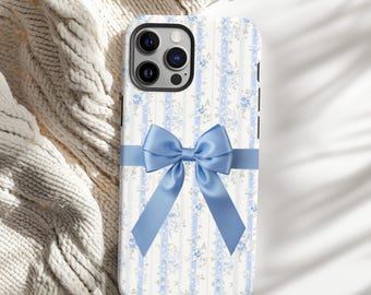 Kokette Handyhülle Blaue Schleife mit Blumenmuster Kokette Schleife Handyhülle Blaues Band Geschenk für Mädchen Schöne Handyhülle iPhone, Samsung, Pixel