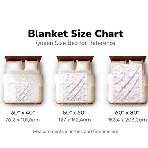 May include: A chart showing the different sizes of blankets, with measurements in inches and centimeters. The chart shows a queen-sized bed for reference. The blankets are shown on the bed in three different sizes: 30 inches by 40 inches, 50 inches by 60 inches, and 60 inches by 80 inches.