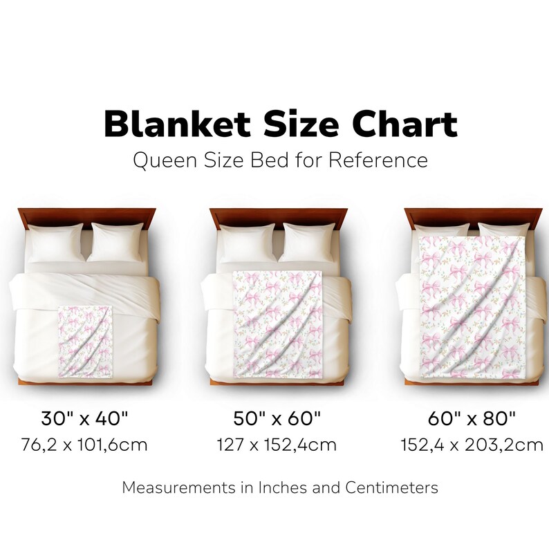 May include: A chart showing the different sizes of blankets, with measurements in inches and centimeters. The chart shows a queen-sized bed for reference. The blankets are shown on the bed in three different sizes: 30 inches by 40 inches, 50 inches by 60 inches, and 60 inches by 80 inches.