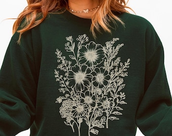 Vintage Pressed Flowers Sweatshirt, Boho Wildflower Crewneck, Cozy Cottagecore Sweater, Botanical Floral Pullover, Flower Lover Gift