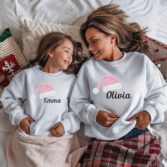 Rosa Faux Glitter Weihnachtsmütze Personalisierte Name Sweatshirt