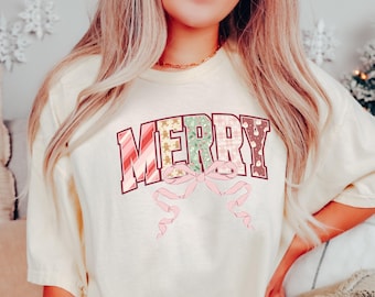 MERRY Christmas T-Shirt with Pink Bow Comfort Colors Coquette Pastel Holiday Tee Santa, Gingerbread, Snowflake Graphic Shirt for Winter