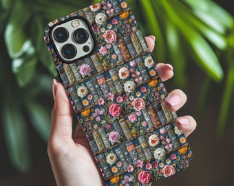 Bookshelf with Flowers Phone Case, Faux Embroidery Cell Phone Case, iPhone 15 and more, Google Pixel, Samsung Phone Cases, Tough Case