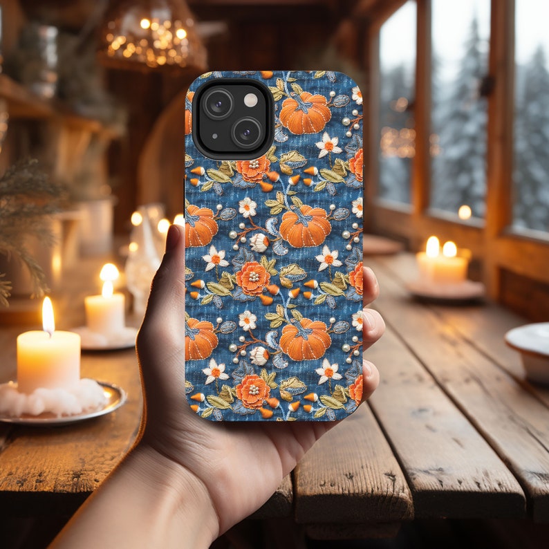 Pumpkin Phone Case, Faux Denim Faux Embroidery Fall Cell Phone Case, Unique Phone Cover, Cute iPhone, Google Pixel, Samsung Phone Cases image 2