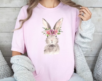 Osterhase Shirt, Aquarell Hase mit Blumen Tshirt, Comfort Colors® Ostershirt, Frühlings-T-Shirt, Cottagecore, Premium Shirt S bis 4XL