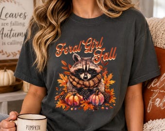 Fall Girl Raccoon Shirt, Cute Fall Raccoon Tee, Autumn Pumpkin Shirt, Cozy Fall Graphic Tee, Comfort Colors Fall Shirt, Woodland Animal Tee