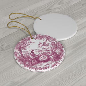 Nativity Christian Ornament, Pink Toile de Jouy Christmas Ornament, Catholic Ornament Nativity of Jesus Ornament Ceramic Christmas Keepsake image 3