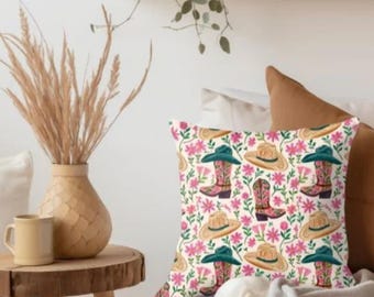 Pink Cowgirl Boots, Cowgirl Hat, Faux Embroidery Pillow, Cowgirl Floral Throw Pillow, CountryWestern Cowgirl, Cowgirl Throw Pillow, Decor