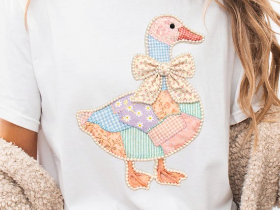 Comfort Colors Faux Patchwork Goose Shirt, Grandmacore Goose Graphic Tee, Cottagecore Bow Shirt, Vintage Cute Goose, Spring Tee for Women