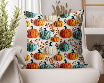 Kürbis Herbst Kissen, Herbst Blumen werfen, Cottagecore ästhetik werfen, Herbstblumen und Kürbis Faux 3D Faux Stickerei Kissen