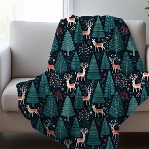 Scandinavian Winter Folk Art, Vintage Nordic Art, Deer in a Forest, Scandi Christmas Design, Throw Blanket, Velveteen Plush Blanket