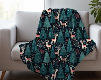 Arte popular de invierno escandinavo, arte nórdico vintage, ciervos en un bosque, diseño navideño escandinavo, manta de lanzamiento, manta de felpa de pana