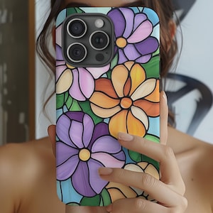 Stained Glass iPhone Case Wildflower  Tough Phone Case Floral Design Stylish Cell Phone Case Gift for Her Trendy iPhone 15 Case Iphone 16