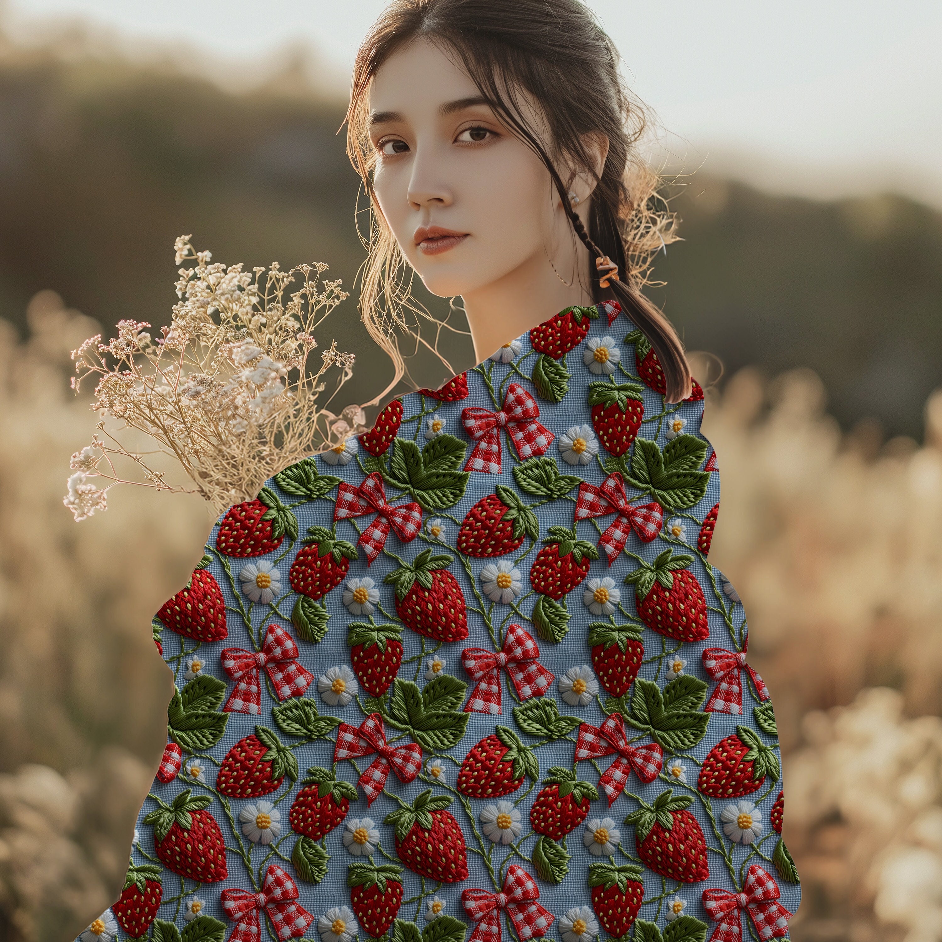  ストロベリーデザイン ブランケット Strawberry Blanket, Faux Embroidered Denim 3D Blanket, Strawberry