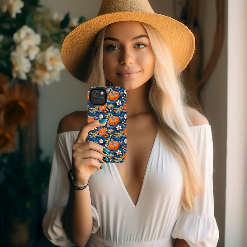 Pumpkin Phone Case, Faux Denim Faux Embroidery Fall Cell Phone Case, Unique Phone Cover, Cute iPhone, Google Pixel, Samsung Phone Cases image 3