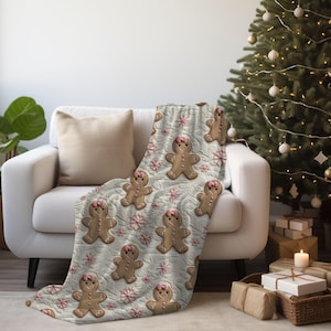 Coquette Christmas Blanket, Gingerbread Girl Pink Bows 3D Faux Embroidery Blanket, Coquette Christmas Couch Throw, Christmas Decor Girly