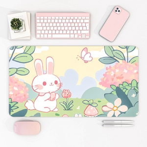 Kawaii Bunny Desk Mat, Kawaii Bunny Desk Pad, Green Desk Mat, Desk Decor, Bunnies in Tulip Field, Cute Desk Mat, Large Neoprene Desk Mat