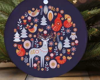 Skandinavisk julgransprydnad, folkkonst, vintage nordisk konst, djur, fåglar, blommor och träd Keramisk julgransprydnad