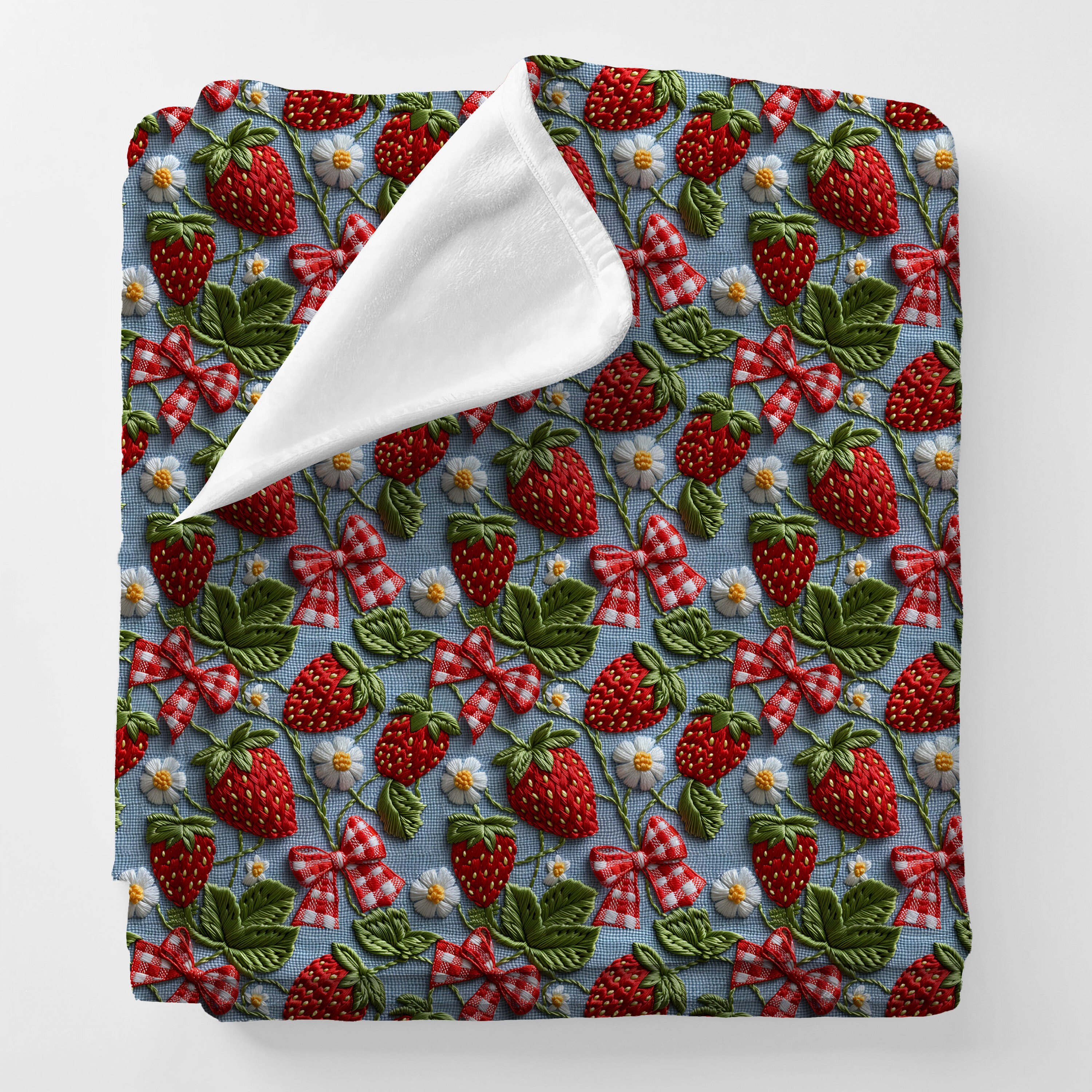 Strawberry Blanket, Faux Embroidered Denim 3D Blanket, Strawberry