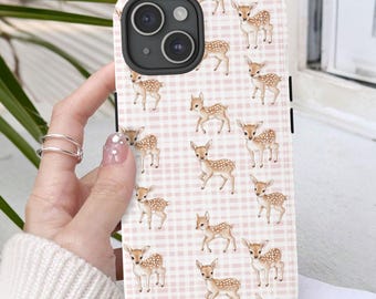 Baby Deer Phone Case Pink and White Checkerboard Coquette Cell Phone Case Preppy Soft Girl Phone Case Gift for Animal Lover Girly Phone Case