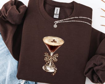 Espresso Martini Sweatshirt with Leopard Bow, Cocktail Lover Crewneck, Trendy Martini Sweater, Cute Aesthetic Girls Night Shirt