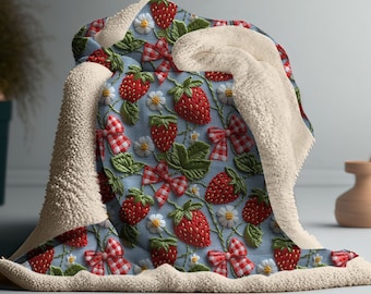  ストロベリーデザイン ブランケット Strawberry Blanket, Faux Embroidered Denim 3D Blanket, Strawberry