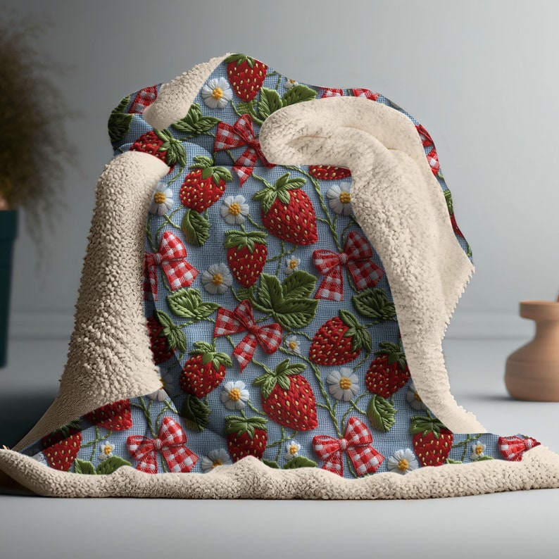 May include: A soft, plush throw blanket with a blue and white checkered background featuring a repeating pattern of embroidered red strawberries and white bows.