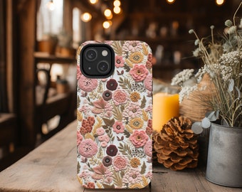Capa de telefone com bordado floral falso, flores Boho, 3D, efeito de capa de telefone bordado, capa para iPhone, capa para telefone Samsung, capa para telefone Pixel, fofa