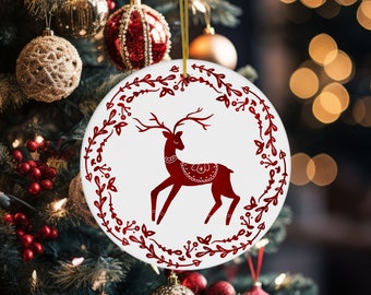 Skandinavisk julgransprydnad, folkkonst, vintage nordisk folkkonst, akvarellkonst med renar, keramisk julgransprydnad
