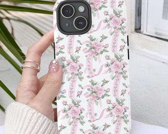Custodia per telefono Coquette, boccioli di rosa rosa, nastro rosa, custodia per telefono floreale, design rosa rosa, custodia per telefono femminile, custodia resistente, custodia per telefono cellulare preppy