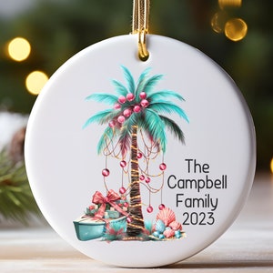 Personalized Beach Christmas Ornament, Palm tree, Tropical Christmas ornament, 2023 Family ornament, Florida, Hawaii, Ocean, Family keepsake