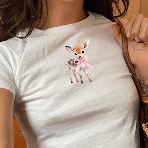 Y2K Baby Tee Pink Bow Coquette Shirt Baby Deer Spring Shirt Gift for Her Cute Fawn Vintage 90&#39;s Look Graphic Baby Tee Animal Lover Girly Top