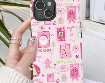 Christmas iPhone Case Pink Holiday Phone Cover Preppy Festive Design with Gingerbread Man, Pink Santa, Presents & Festive Cheer iPhone 17